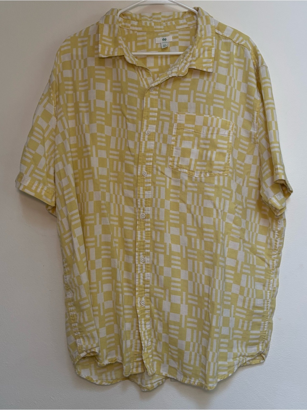 dip Yellow and White Geometric Short-Sleeve Linen Button-Down Shirt